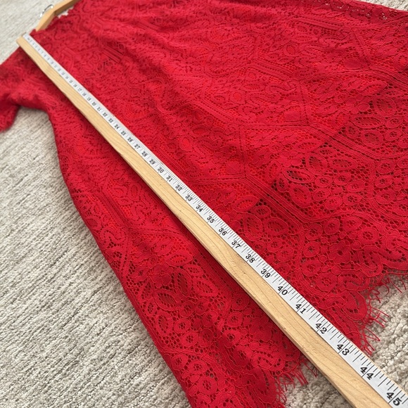 Lulus Red All Over Lace Cut Out Mock Neck Midi Dress Size M Scalloped Hem NEW - Picture 4 of 14